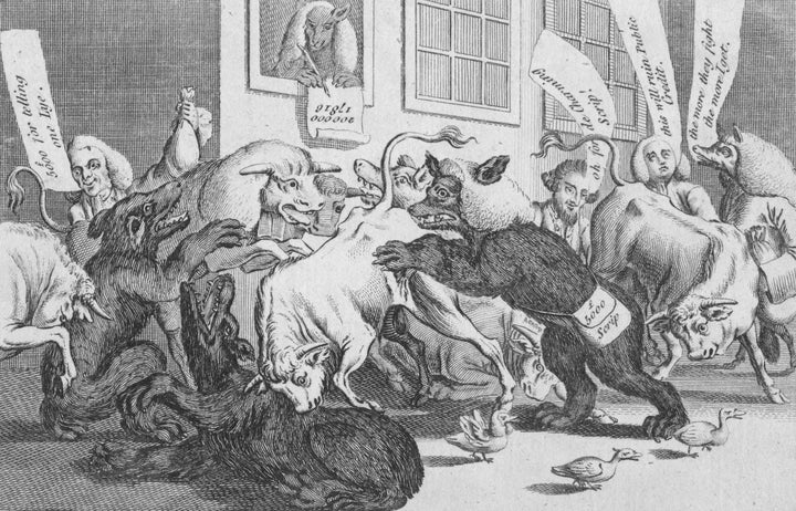 A 1770 satirical cartoon from Oxford Magazine titled "A scene in Change Alley among the Bulls, Bears &amp; Lame Ducks."