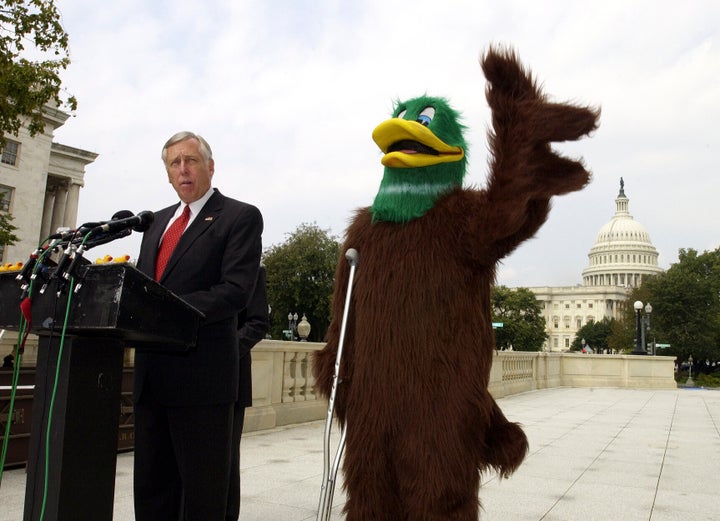 Rep. Steny Hoyer of Maryland introduces Mr. DeLayme Duck at a press conference in Washington in 2004. Hoyer said "the Republican Congress is ducking its responsibility and is forcing us to come back for a lame-duck session after the elections." Many have criticized the term "lame duck" as ableist.