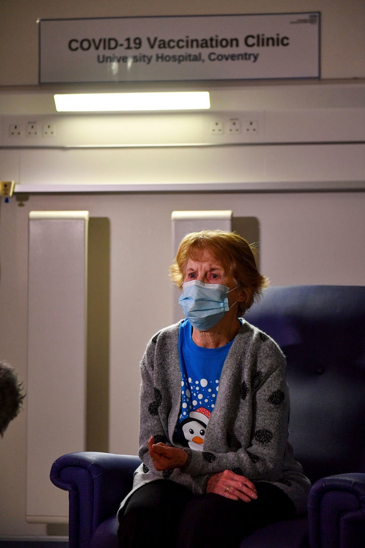 Margaret Keenan speaks to the media after being the first patient in the UK to receive the Pfizer-BioNTech COVID-19 vaccine, administered by nurse May Parsons at University Hospital, Coventry, England, Tuesday Dec. 8, 2020.