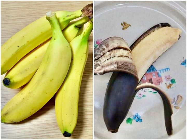 オーブントースターで加熱するだけで簡単に作れる「焼きバナナ」（右）