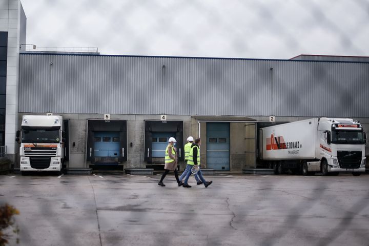 Trucks are loaded at a Pfizer factory in Puurs, Belgium where Covid-19 vaccines are being produced for Britain.