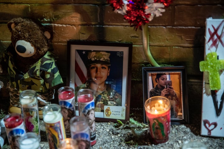 Candles and flowers adorn a mural of Vanessa Guillen, a soldier based at nearby Fort Hood on July 6, 2020 in Austin, Texas. (Photo by Sergio Flores/Getty Images)