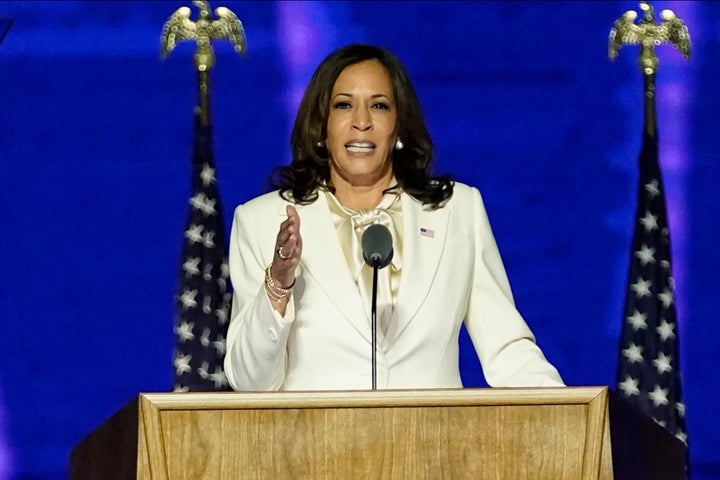 Vice President-elect Kamala Harris delivers remarks before President-elect Joe Biden's address to the nation Nov. 07, 2020 in Wilmington, Del.