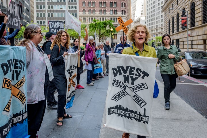 Protesters calling for fossil fuel divestment rally outside DiNapoli's office in New York City in 2018.