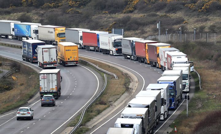 Lorries queueing on the A20 to enter the Port of Dover in Kent