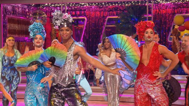 (L-R) Gorka Marquez, Johannes Radebe and Giovanni Pernice performed in drag on Saturday's Strictly Come Dancing