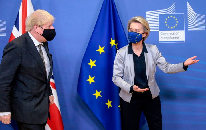 Johnson is welcomed by von der Leyen in the Berlaymont building at the EU headquarters