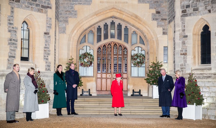 From left: Prince Edward, Earl of Wessex, Sophie, Countess of Wessex, Catherine, Duchess of Cambridge, Prince William, Duke of Cambridge, Queen Elizabeth II, Prince Charles, Prince of Wales, and Camilla, Duchess of Cornwall.