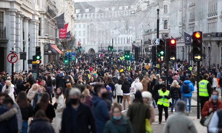Busy shoppers on Oxford Street, London on Dec 5 2020. 