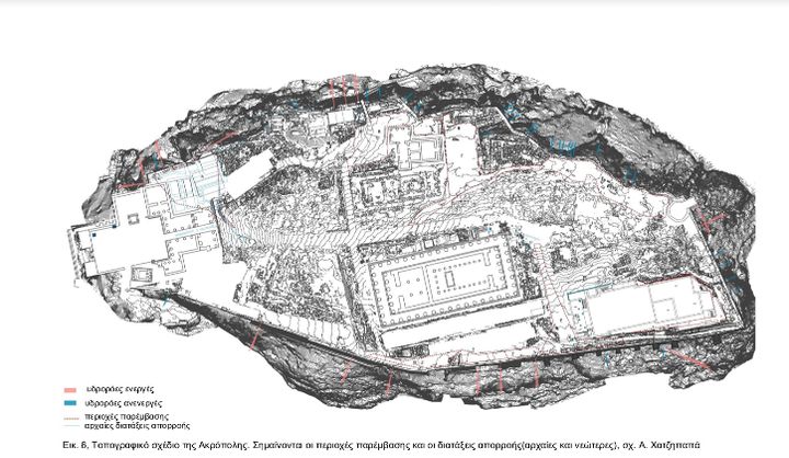 Τοπογραφικό σχέδιο της Ακρόπολης. Σημαίνονται οι περιοχές παρέμβασης και οι διατάξεις απορροής 
