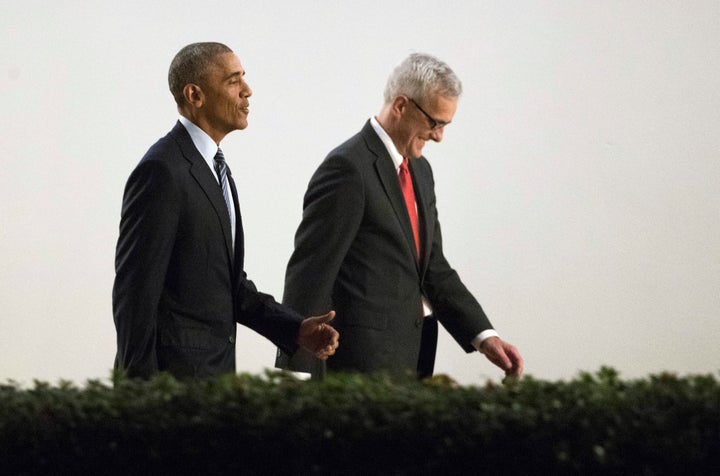 President Barack Obama and former White House chief of staff Denis McDonough, who is one of several Obama administration alums tapped to come back and serve in the Biden administration.