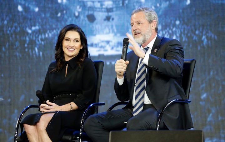 Jerry Falwell Jr. and his wife, Becki speak at a town hall at Liberty University in Lynchburg, Virginia, on Wednesday Nov. 28