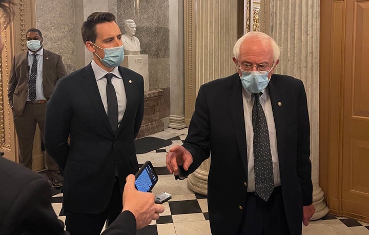 Sens. Josh Hawley (left) and Bernie Sanders aren't on the same side on most issues, but they are pressing their colleagues in