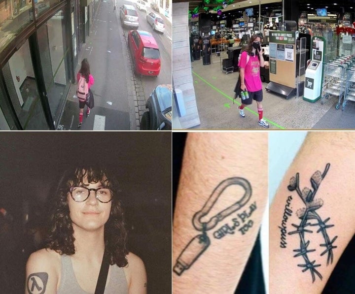 CCTV of Flack shows her wearing a bright pink shirt and dark coloured shorts. She has a number of distinctive tattoos, which are mostly visible on her arms.