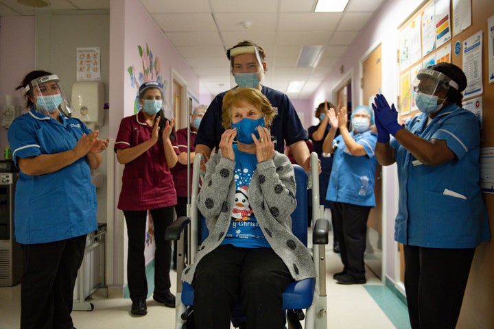 Margaret Keenan became the first patient in the UK to receive the Pfizer-BioNTech COVID-19 vaccine on Tuesday Dec. 8, 2020.