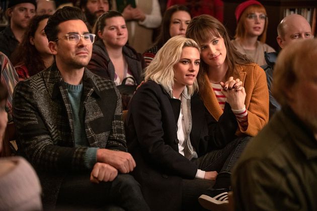 Happiest Season stars (L-R) Dan Levy, Kristen Stewart and Mackenzie Davis.