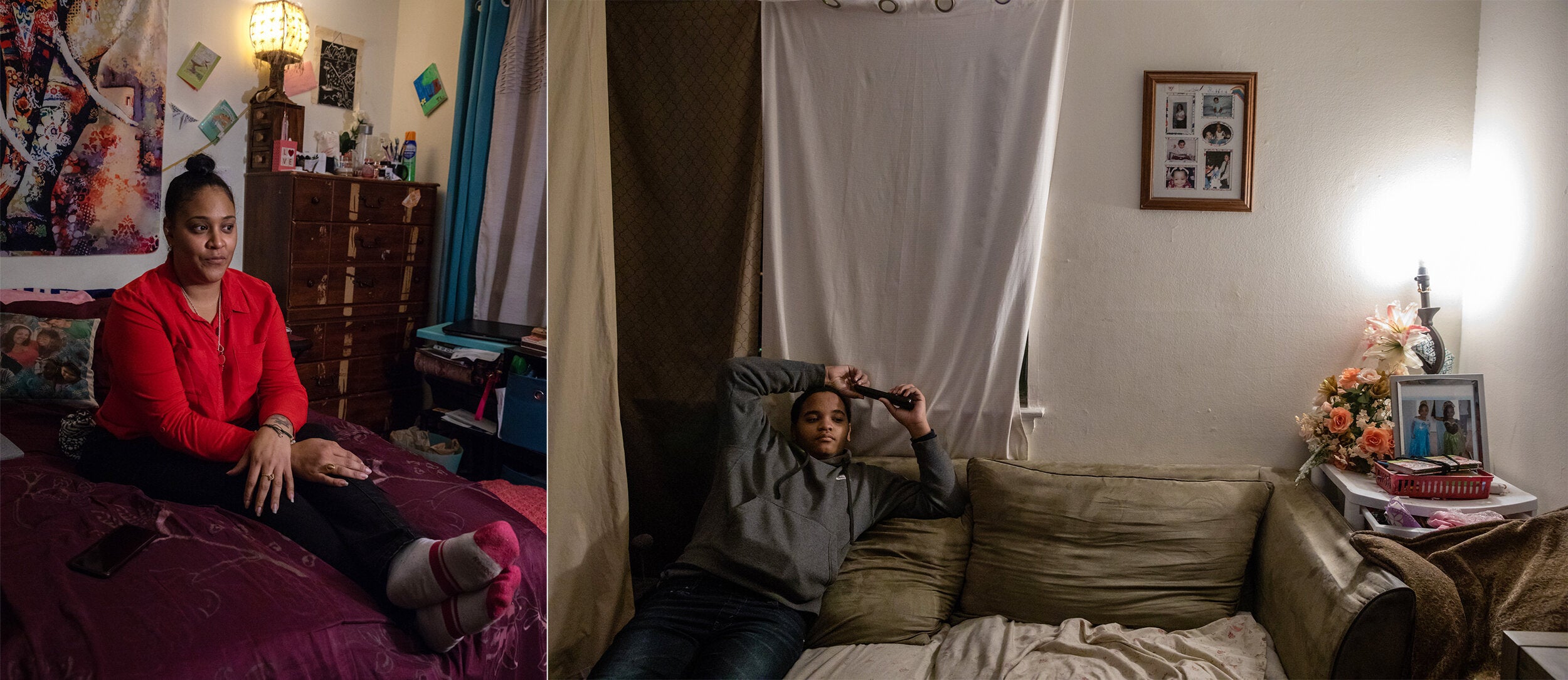 LEFT: Nawaal Walker sits on her bed in her home in Durham, North Carolina. RIGHT: Walker's son, Joey Kinloch, 15, relaxes on