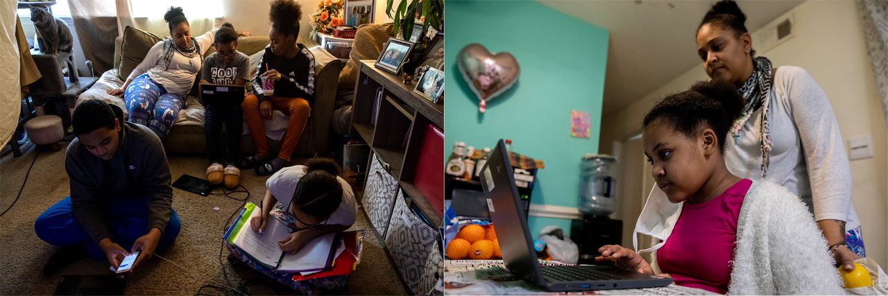 LEFT: Nawaal Walker sits with her daughters Ca'rae Moore, 9, and Taqiyya Lewis, 21, while twins Joey and Naima Kinloch, 15, do schoolwork. RIGHT: Nawaal Walker and her daughter, Ca'leah Moore, 8, look on at the family's kitchen table while on a Zoom call for school.
