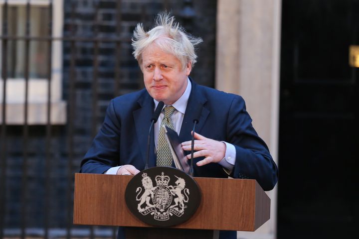 British Prime Minister and leader of the Conservative Party, Boris Johnson speaks at Downing Street after the Conservative party won a majority in the General Election 2019. 