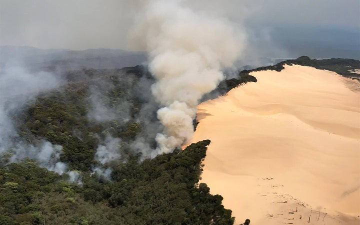 Bushfires burn on November 30, 2020 on Fraser Island, Australia. Fraser Island, also known as K'gari, is world heritage listed and the world's largest sand island.