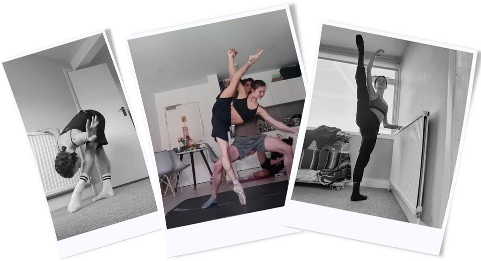 Francesca Velicu practising at home thanks to her trusty radiator (left and right), and with fellow dancer Erik Woolhouse (centre). 