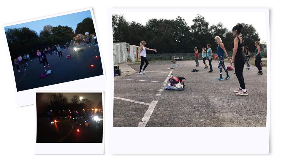 Charlotte Searle teaching her Dance Fit classes outdoors, even as evenings grow darker. 