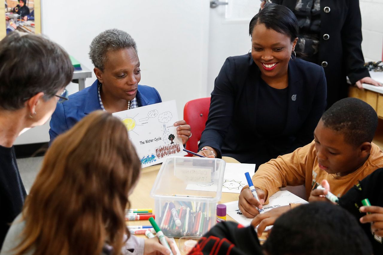 Chicago Mayor Lori Lightfoot and Chicago Public Schools CEO Janice Jackson check on students on Oct. 17, 2019 in Chicago.