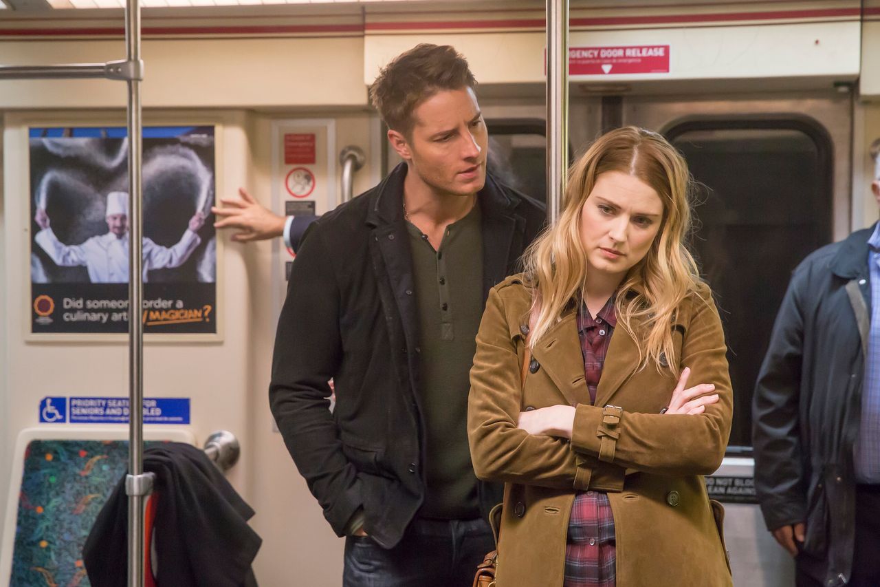 Justin Hartley as Kevin Pearson and Alexandra Breckenridge as Sophie on "This Is Us." 