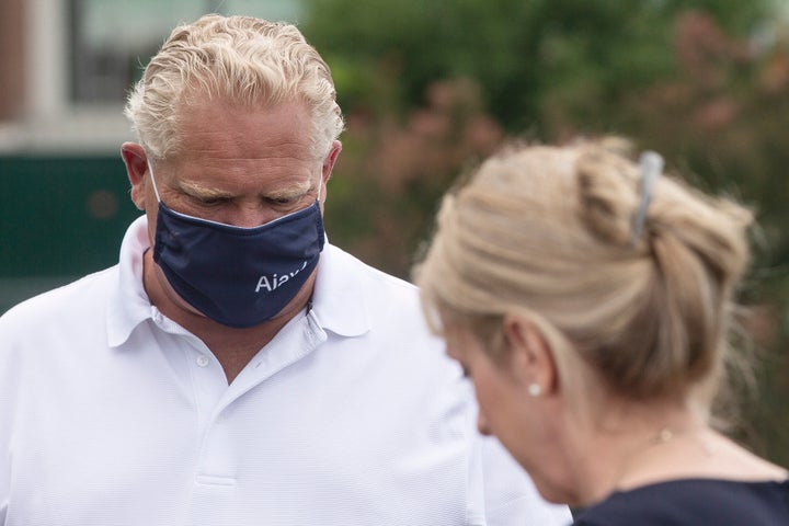 Ontario Premier Doug Ford and Minister of Long-Term Care Merrilee Fullerton make an announcement in Ajax, Ont. on July 28, 2020.