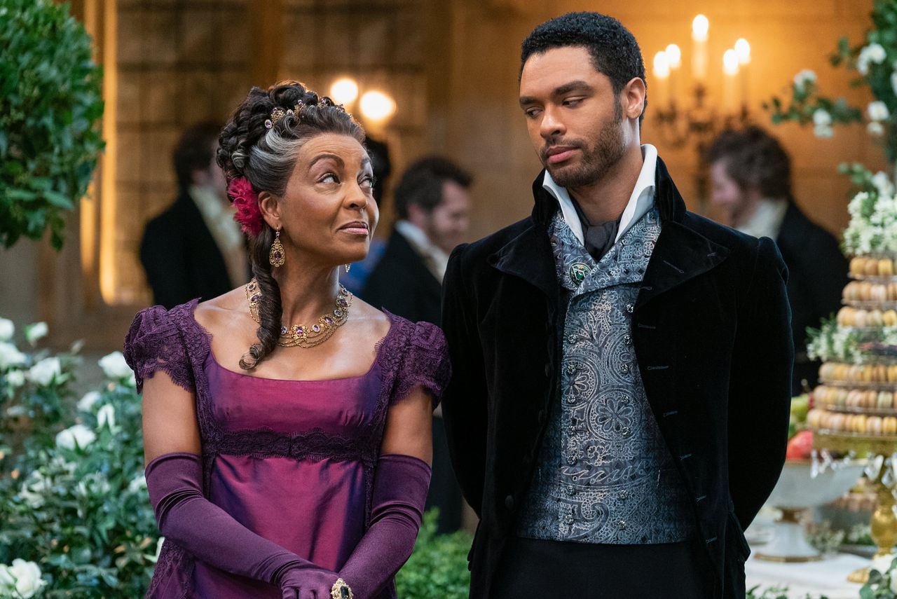 Bridgerton stars Adjoa Andoh, left, as Lady Danbury and Regé-Jean Page, on the right as The Duke of Hastings