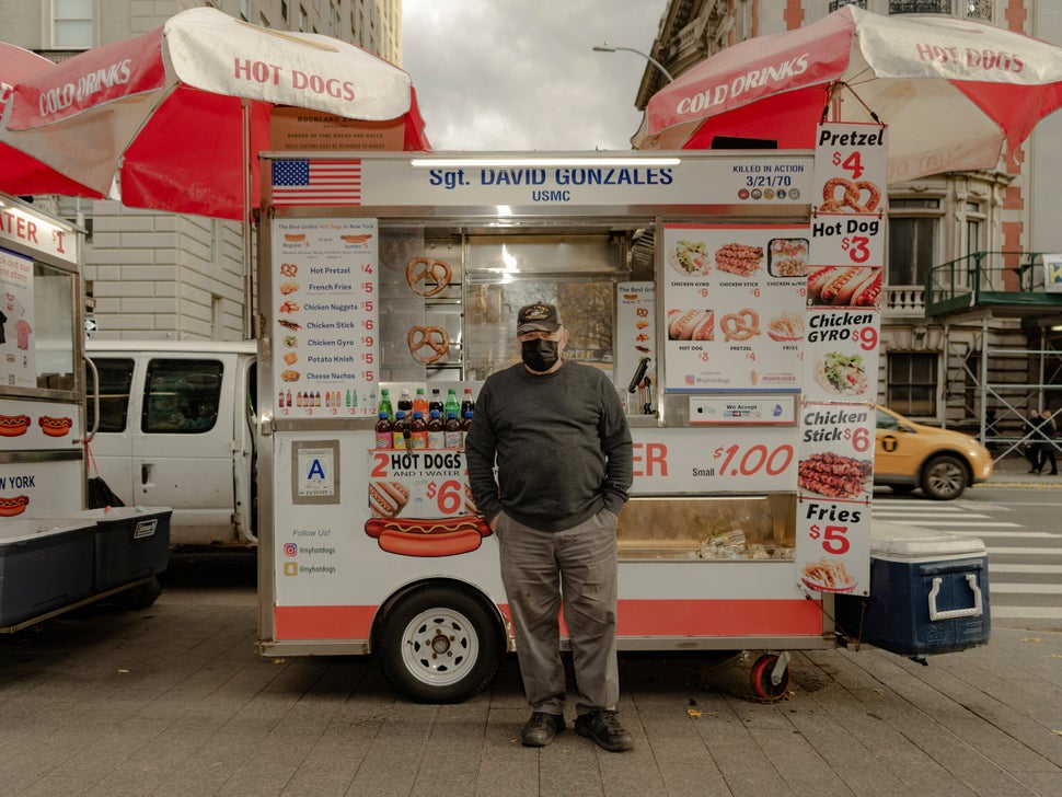 Danny Rossi is a disabled Vietnam veteran who has been running a hot dog cart in front of the Met for 13 years with his daughter Elizabeth. During some nights of lockdown, he slept in the van next to his cart, fearing someone would try to take over his prized spot. “We would sell 400 hot dogs a day. Now, maybe a tenth of that. But we keep working and waiting.”