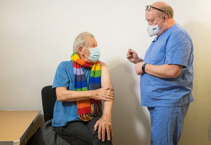 Sir Ian McKellen receives the first of two Covid-19 jabs at Queen Mary University Hospital