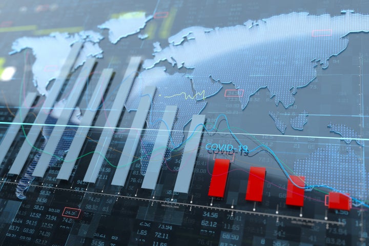 Digital generated image of financial line charts falling down because of coronavirus COVID-19 on blue background.