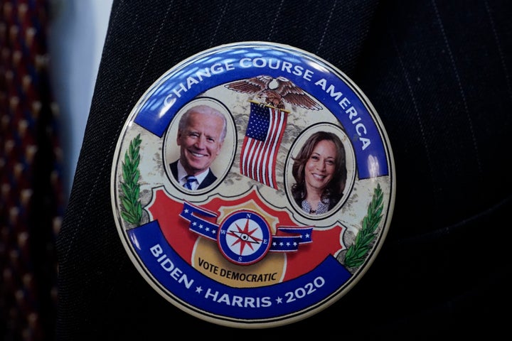 A Joe Biden/Kamala Harris election button. The new administration has pledged to make tackling the climate crisis a priority.