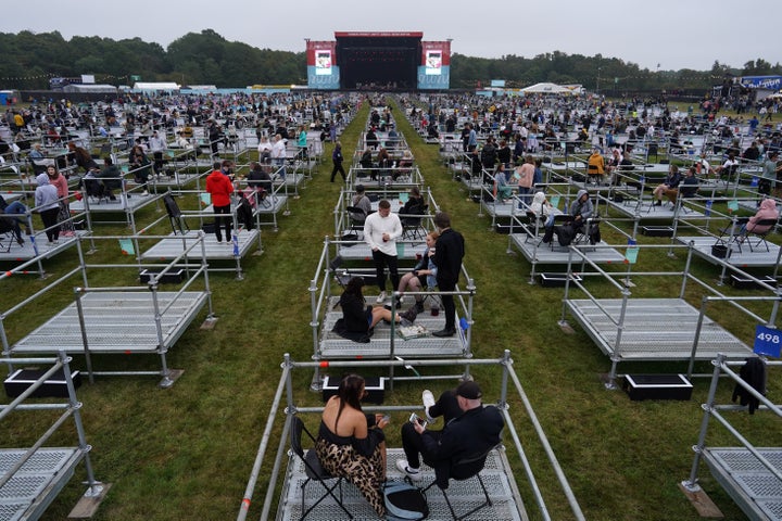 Fans wait in socially distanced enclosures to see Sam Fender 