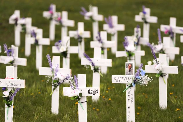 Fifty crosses have appeared on the side lawn of the Camilla Care Community nursing home in Mississauga,...