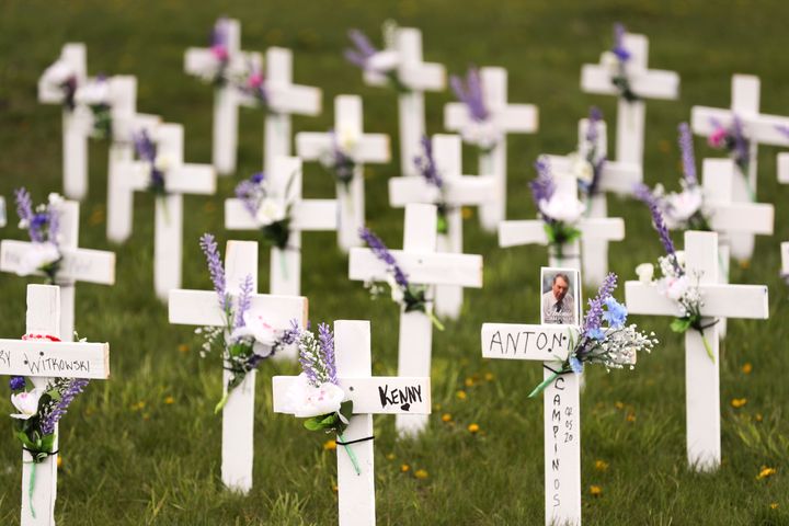 Fifty crosses have appeared on the side lawn of the Camilla Care Community nursing home in Mississauga, Ont. on May 10, 2020.