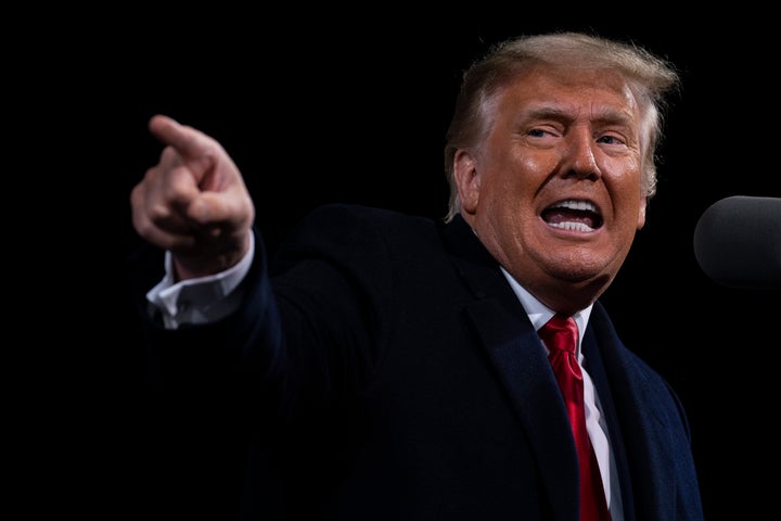 President Donald Trump speaks during a campaign rally for Senate Republican candidates Kelly Loeffler and David Perdue at Valdosta Regional Airport, Saturday, Dec. 5.