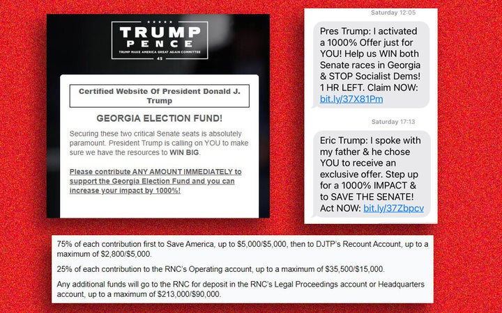 Screenshots from Trump's website and fundraising text messages citing the Georgia runoff elections.