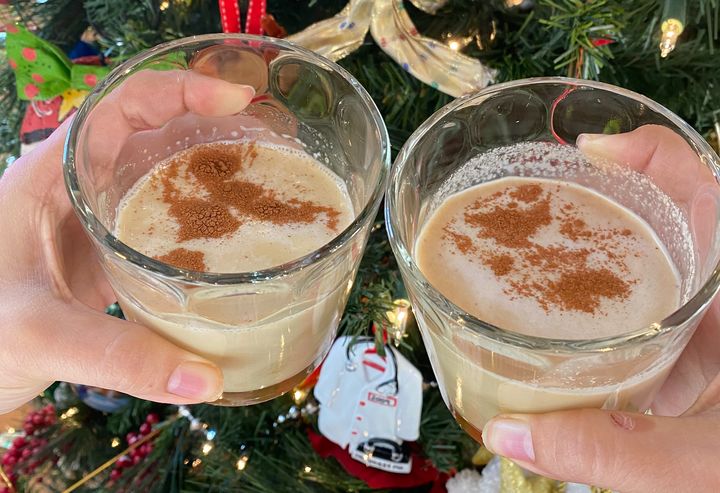 On the left is the nog made without almond butter, and on the right is the nog with four tablespoons of almond butter as a thickener. The difference was all in the taste!