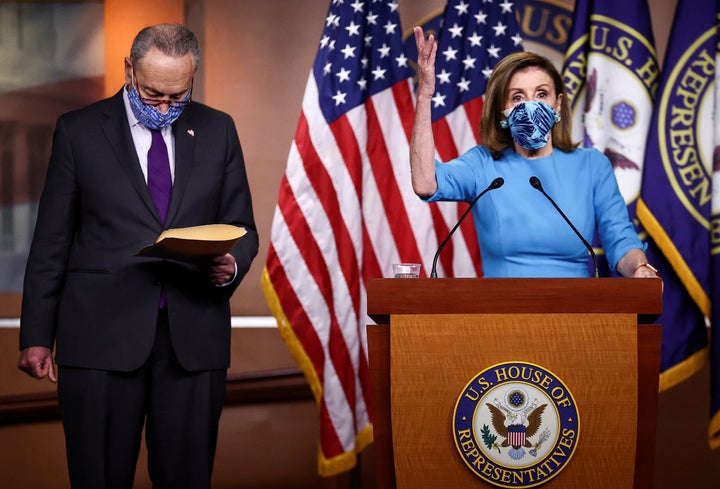 House Speaker Nancy Pelosi (D-Calif.) and Senate Minority Leader Chuck Schumer (D-N.Y.) speak to reporters at the Capitol on