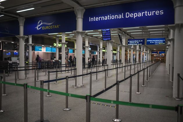 Empty lanes are seen at the Eurostar at St Pancras train station on Sunday in