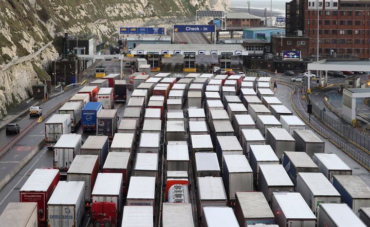 Lorries queue to enter the Port of Dover on Friday.