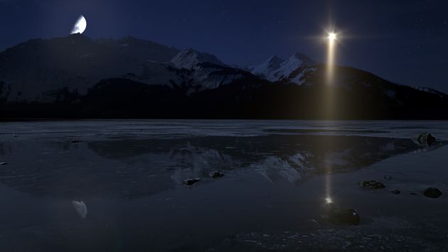 The combination of Saturn and Jupiter seen in Alaska.  Shine like a giant star.  Ha Hyun-moon is on the left.  December 21, 2020, the universe before Christmas