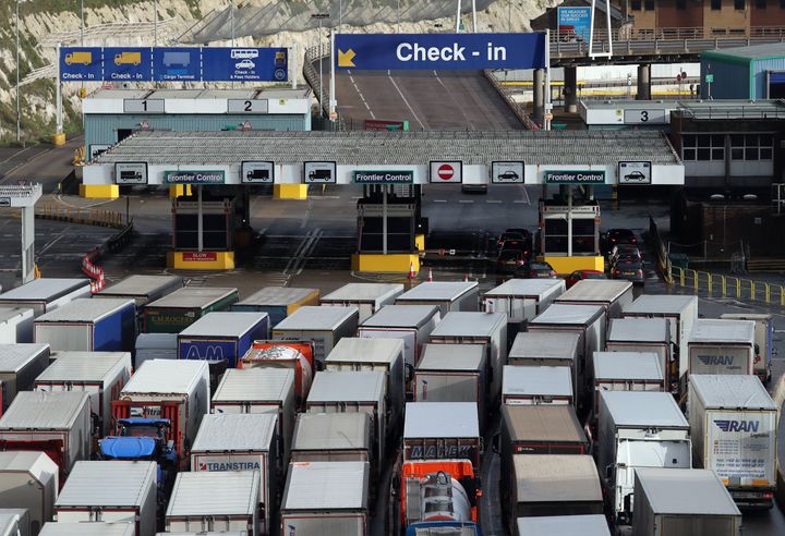 Lorries queue to enter the port of Dover in Kent. Christmas stockpiling and Brexit uncertainty have again caused huge queues of lorries to stack up.