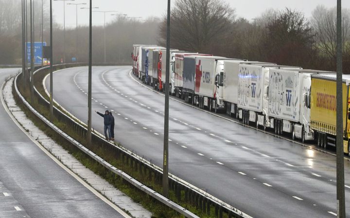 Lorries parked on the M20 near Folkestone, Kent, after the Port of Dover was closed and access to the Eurotunnel terminal suspended