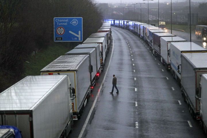 Lorries parked on the M20 near Folkestone, Kent, as part of Operation Stack after the Port of Dover was closed and access to the Eurotunnel terminal suspended