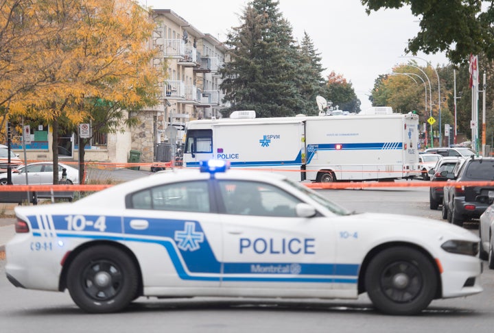 A police command post vehicle is shown in Montreal North, Sunday, October 4, 2020, where police shot a man brandishing a knife.
