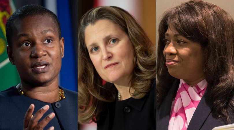 Green Party Leader Annamie Paul, Finance Minister Chrystia Freeland, and former Conservative leadership hopeful Leslyn Lewis are shown in a composite of photos from The Canadian Press.