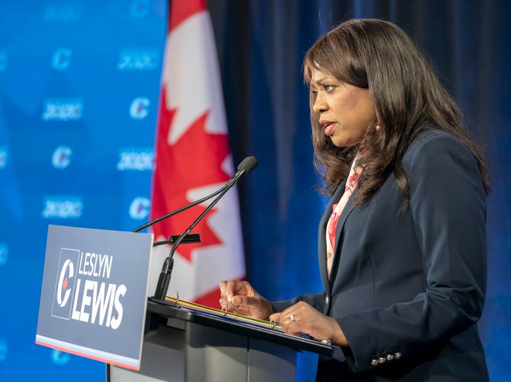 Leslyn Lewis speaks at a Conservative leadership debate in Toronto on June 17, 2020. 